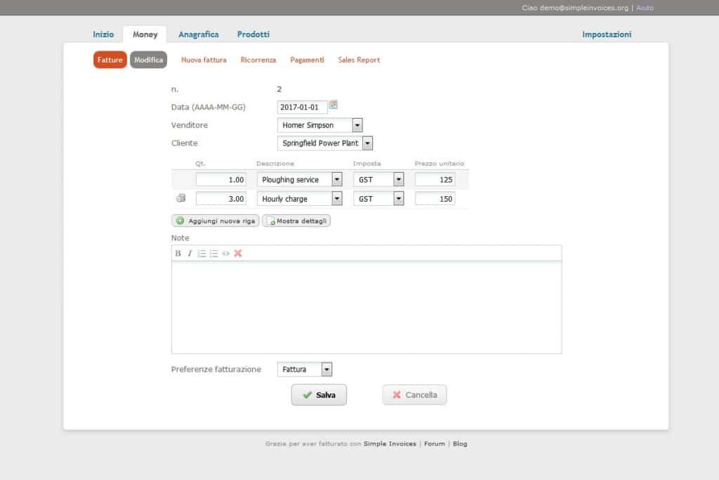 Compilazione fattura SimpleInvoices