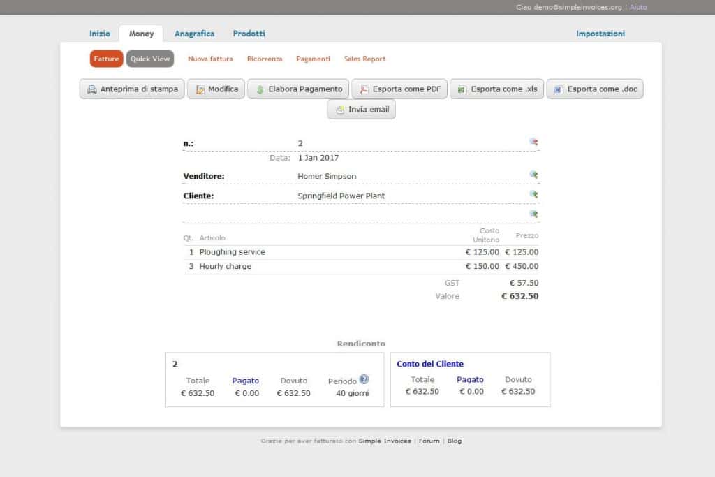 Anteprima fattura SimpleInvoices